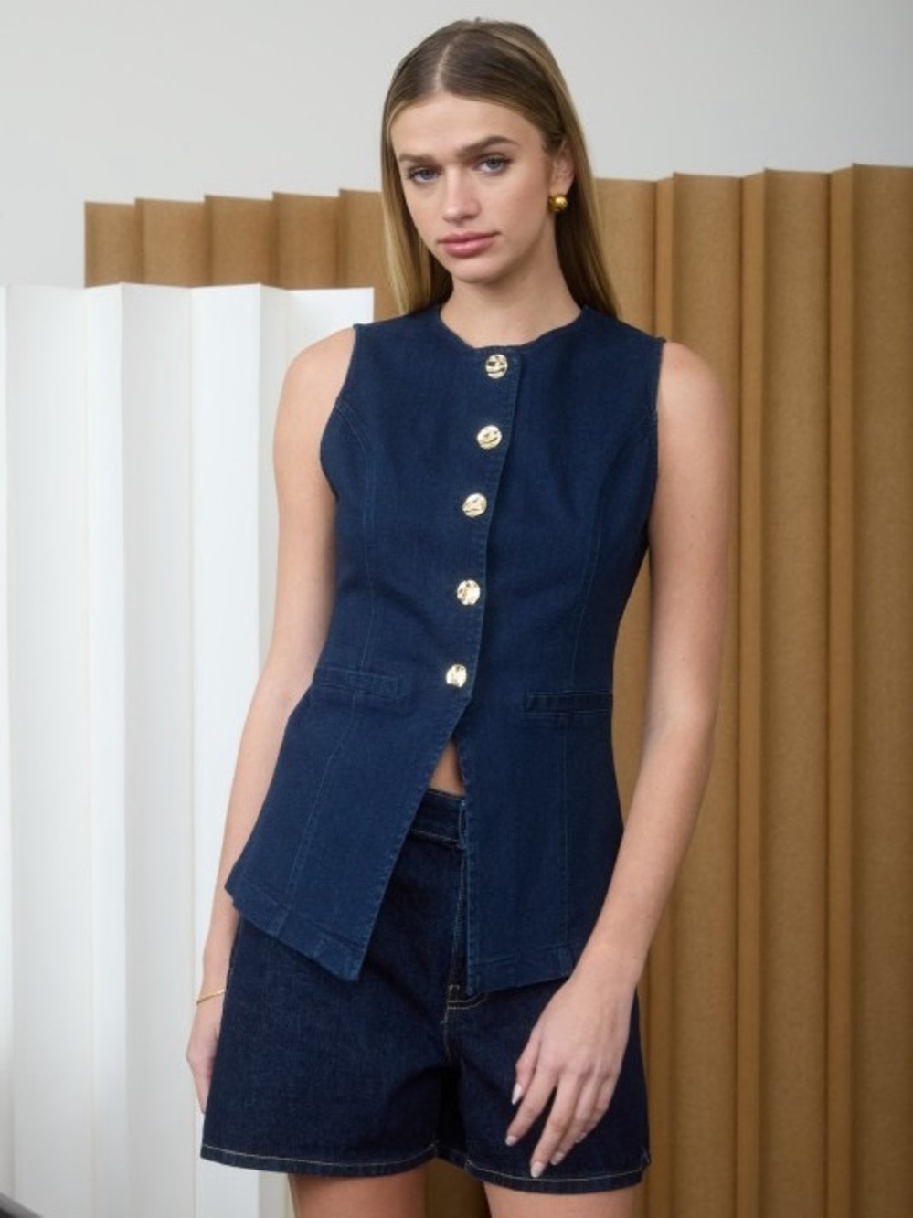 Navy Sleeveless Button Front Vest
